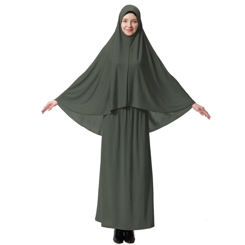 XINFU Muslim Islamic Women's khimar 2pcs Sets Soft Distinctive Prayer Dress Hijab Abaya Suit - Armygreen - Image 1